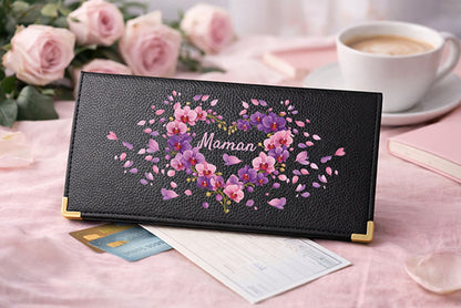 Porte Chéquier long en cuir noir personnalisé Maman Coeur Orchidée