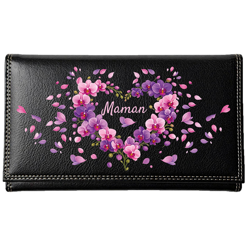 Compagnon Tout-en-Un Porte Chéquier en Simili Cuir personnalisé Maman- Coeur Orchidée