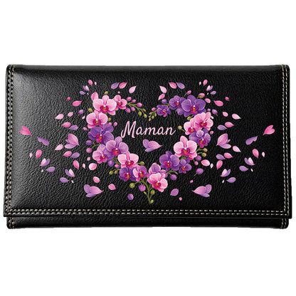 Compagnon Tout-en-Un Porte Chéquier en Simili Cuir personnalisé Maman- Coeur Orchidée
