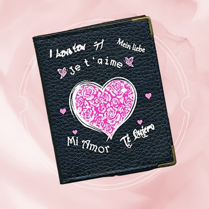 Etui porte carte bancaire et fidélité en Cuir noir Cœur fleur