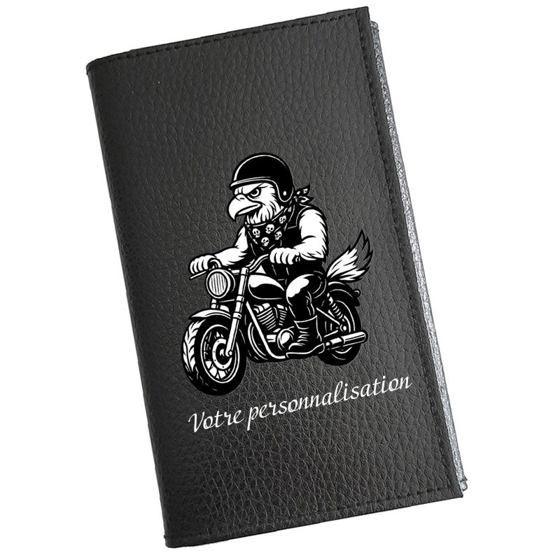 Étui Carte Grise en Cuir Noir Personnalisé Moto Style Harley avec Aigle – en option Prénom  - Cadeau Motard