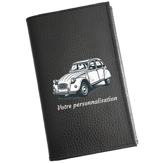 Étui Carte Grise en Cuir Noir Personnalisé Voiture Style 2 CV – en option Prénom  - Cadeau auto ancienne