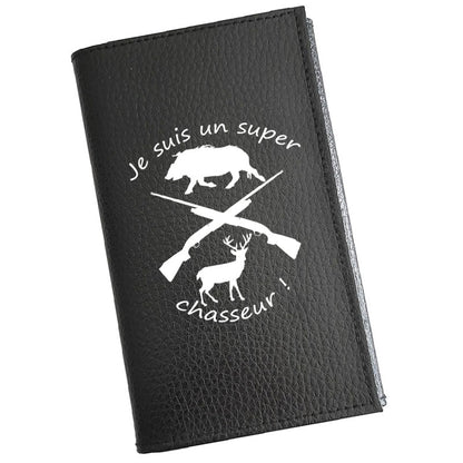 Porte carte grise en cuir noir personnalisé Super chasseur