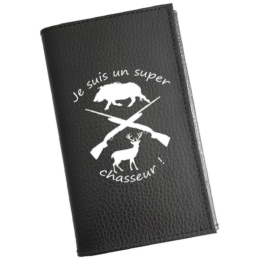 Porte carte grise en cuir noir personnalisé Super chasseur
