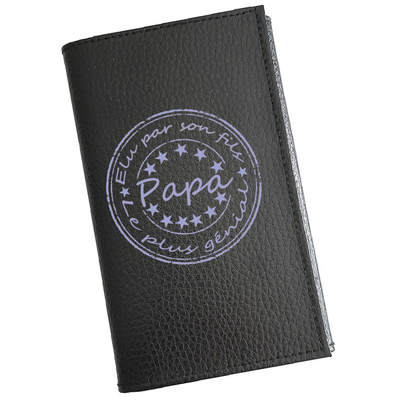 Porte carte grise en cuir noir pour homme personnalisé Elu par son fils Papa Génial