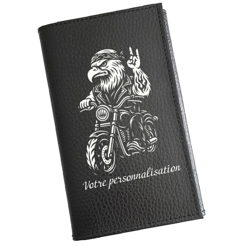 Étui Carte Grise en Cuir Noir Personnalisé Moto Style Harley avec Aigle – en option Prénom  - Cadeau Motard