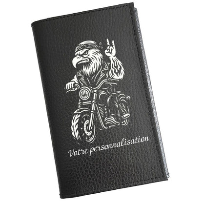Étui Carte Grise en Cuir Noir Personnalisé Moto Style Harley avec Aigle – en option Prénom  - Cadeau Motard