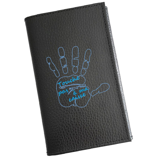 Porte carte grise en cuir noir personnalisé Touche pas à ma Caisse