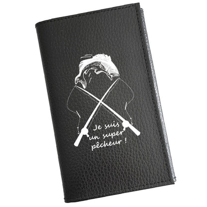 Porte carte grise en cuir noir personnalisé Super pêcheur