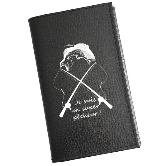 Porte carte grise en cuir noir personnalisé Super pêcheur
