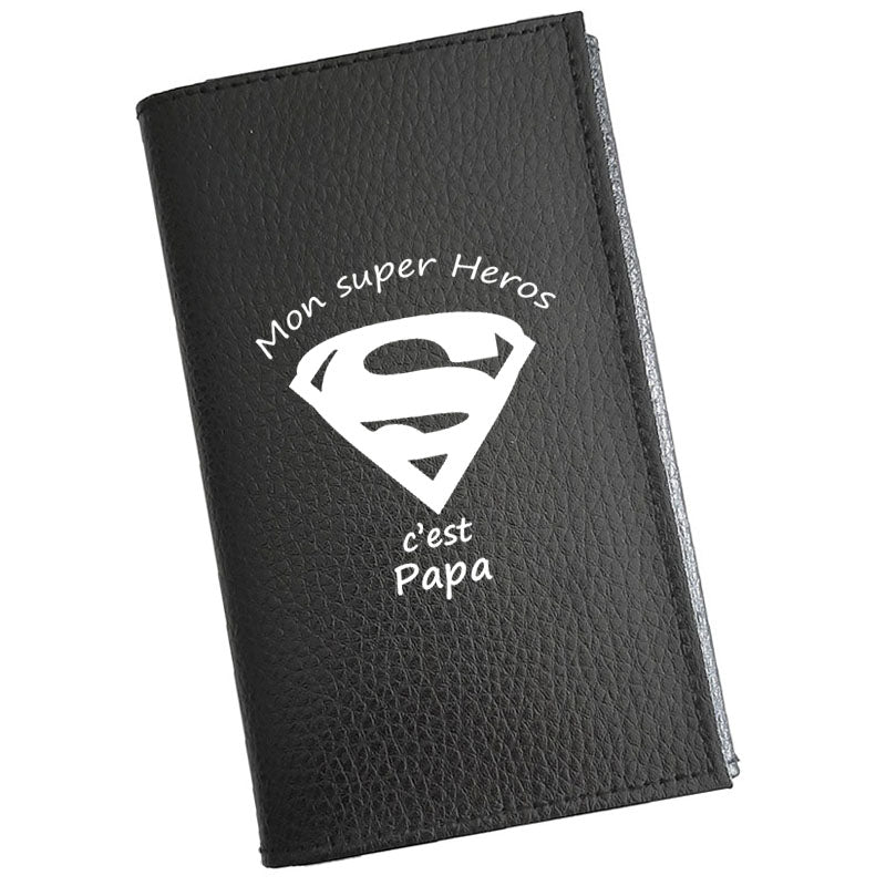Porte carte grise en cuir noir pour homme personnalisé Super Papa