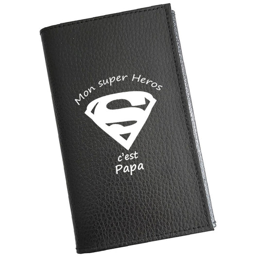 Porte carte grise en cuir noir pour homme personnalisé Super Papa
