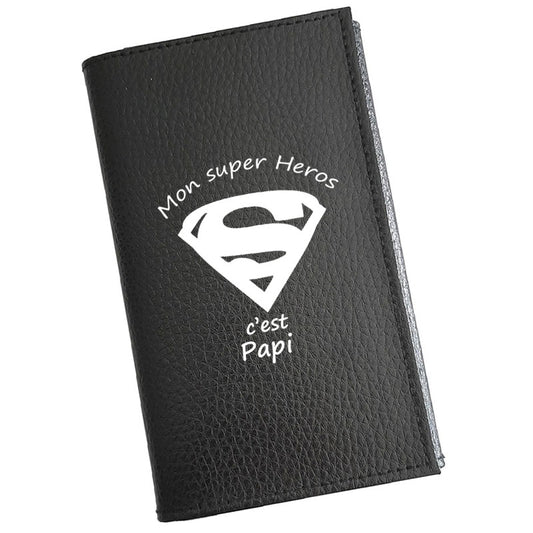 Porte carte grise en cuir noir pour homme personnalisé Super Papy Grand-Père