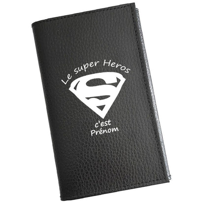 Porte carte grise en cuir noir pour homme personnalisé pour un Super Heros