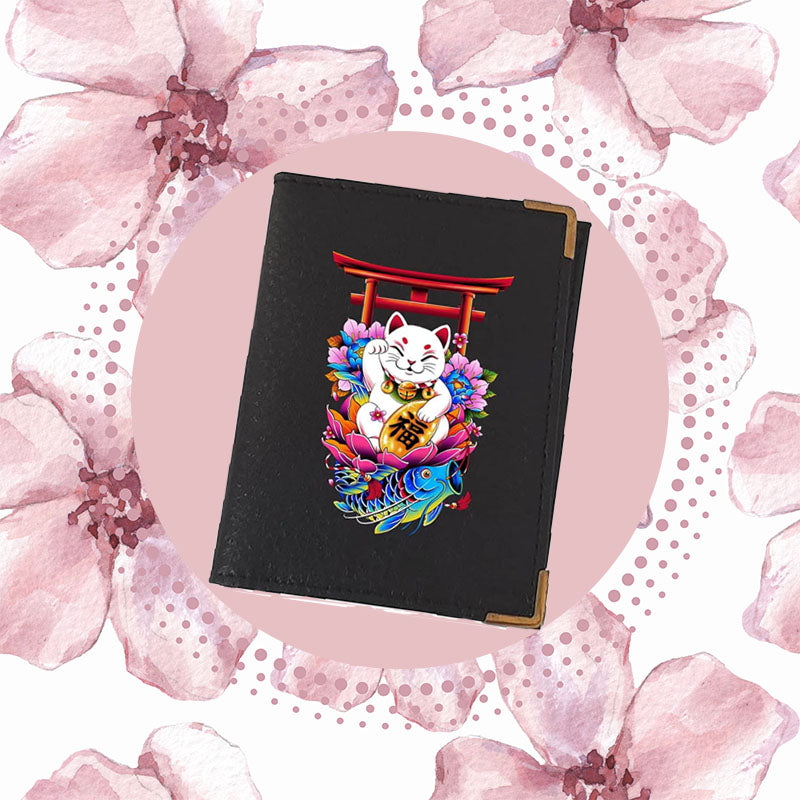 Etui porte carte bancaire et fidélité en Cuir noir Maneki-neko