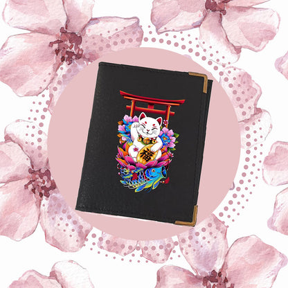Etui porte carte bancaire et fidélité en Cuir noir Maneki-neko