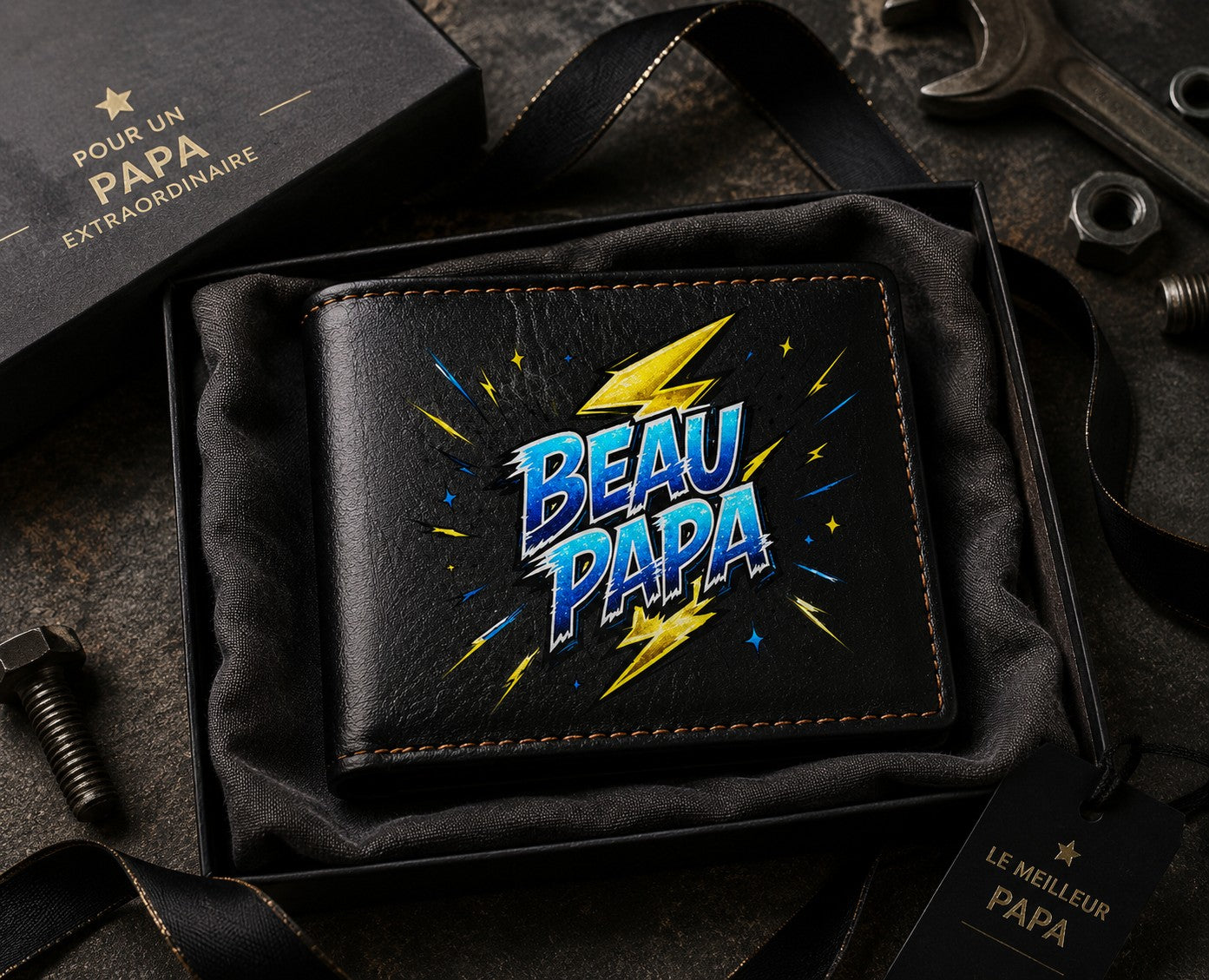 Petit Portefeuille Homme noir avec Porte Monnaie Personnalisé Flash Papa Fete des Pères