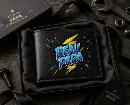 Petit Portefeuille Homme noir avec Porte Monnaie Personnalisé Flash Beau Papa Fete des Pères