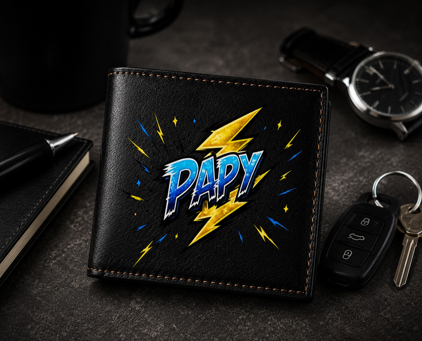 Petit Portefeuille Homme noir avec Porte Monnaie Personnalisé Flash Papy Cadeau Grand Père
