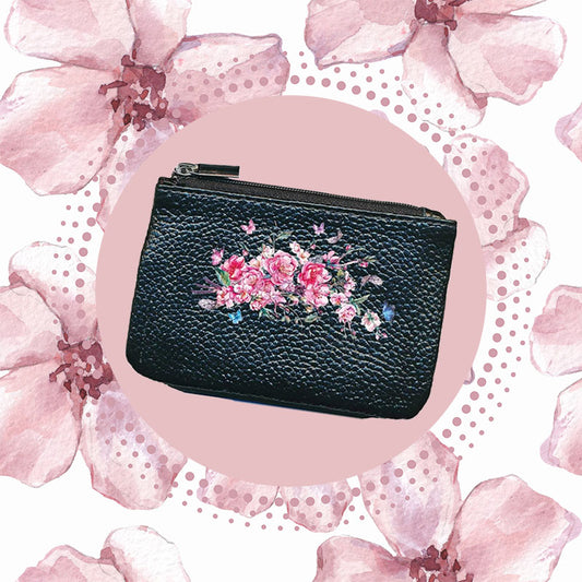 Petit Porte monnaie avec porte clés en Cuir noir pour femme personnalisé Cerisier