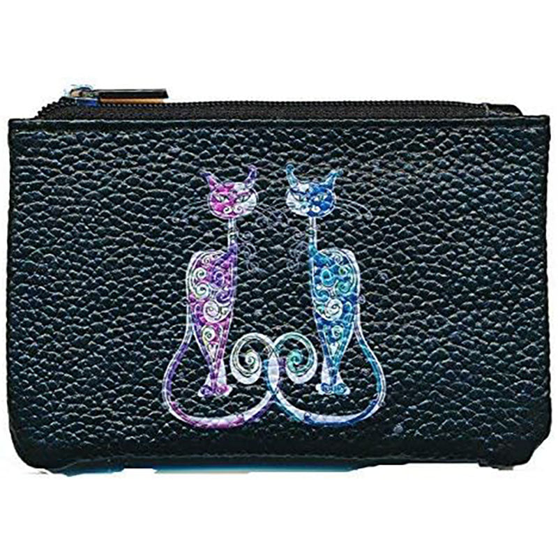 Petit Porte monnaie avec porte clés  en Cuir noir pour femme personnalisé Couple Chat