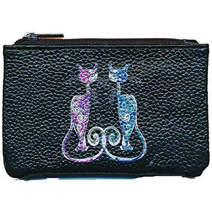 Petit Porte monnaie avec porte clés  en Cuir noir pour femme personnalisé Couple Chat