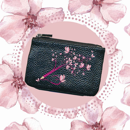 Petit Porte monnaie avec porte clés en Cuir noir pour femme personnalisé Crayon fleuri