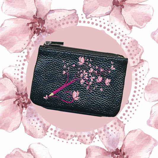 Petit Porte monnaie avec porte clés en Cuir noir pour femme personnalisé Crayon fleuri