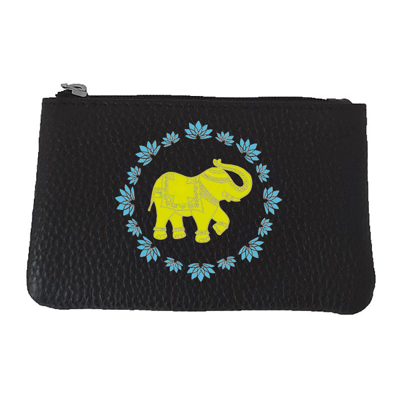 Petit Porte monnaie avec porte clés  en Cuir noir personnalisé Eléphant jaune