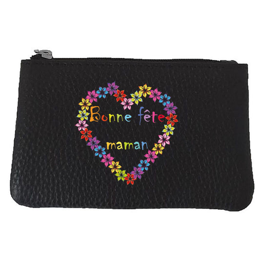 Petit Porte monnaie avec porte clés en Cuir noir pour femme personnalisé Bonne fête Maman