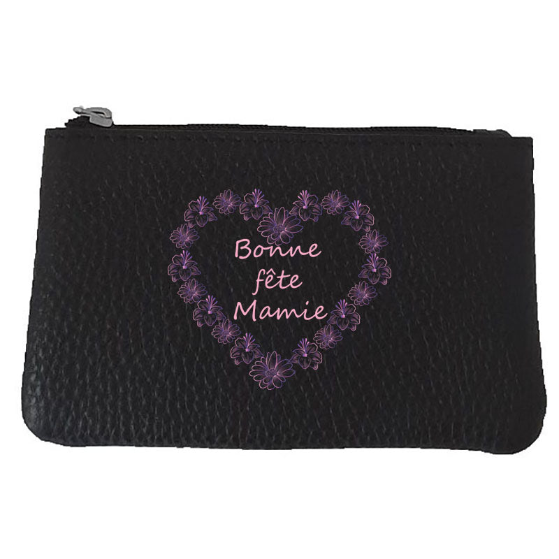 Petit Porte monnaie avec porte clés en Cuir noir pour femme Bonne fête Mamie