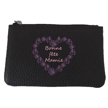 Petit Porte monnaie avec porte clés en Cuir noir pour femme Bonne fête Mamie