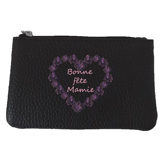 Petit Porte monnaie avec porte clés en Cuir noir pour femme Bonne fête Mamie