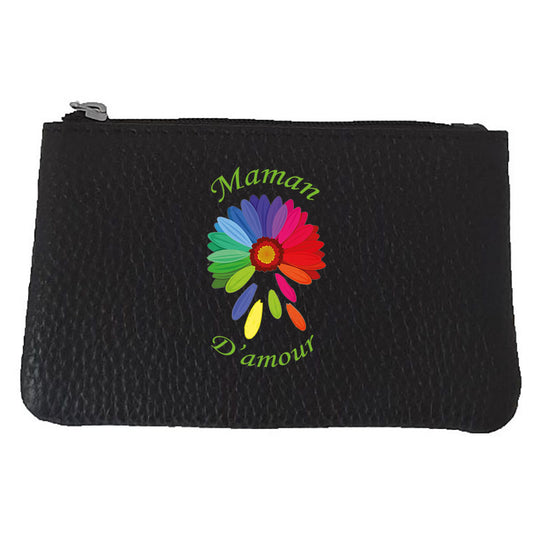 Petit Porte monnaie avec porte clés en Cuir noir pour femme personnalisé Maman Fleur
