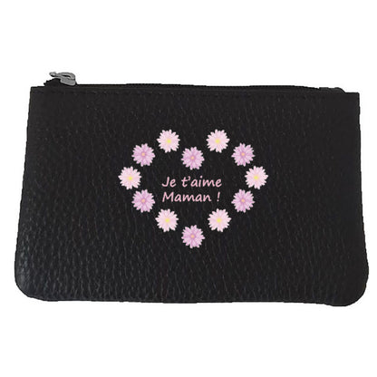 Petit Porte monnaie avec porte clés en Cuir noir pour femme personnalisé Je t'aime Maman