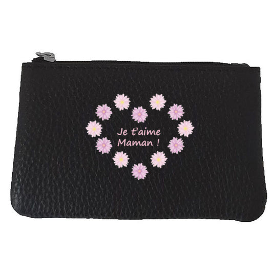 Petit Porte monnaie avec porte clés en Cuir noir pour femme personnalisé Je t'aime Maman
