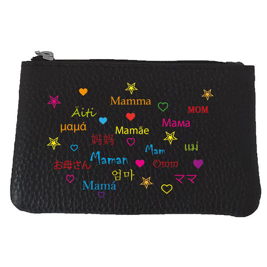 Petit Porte monnaie avec porte clés en Cuir noir pour femme personnalisé Maman Langue