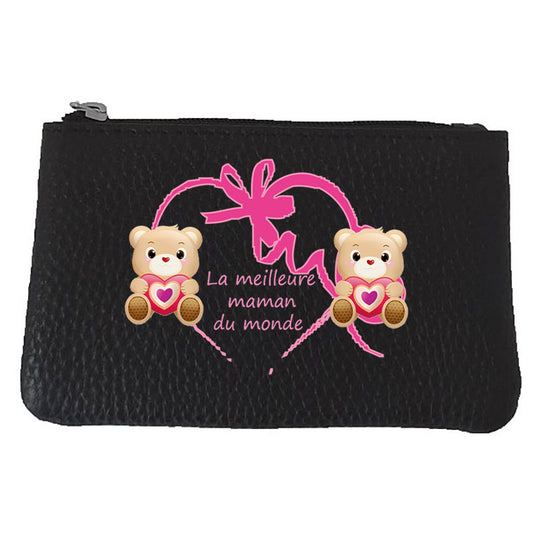 Petit Porte monnaie avec porte clés en Cuir noir pour femme personnalisé Maman ours