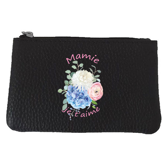 Petit Porte monnaie avec porte clés en Cuir noir pour femme personnalisé Je t'aime Mamie