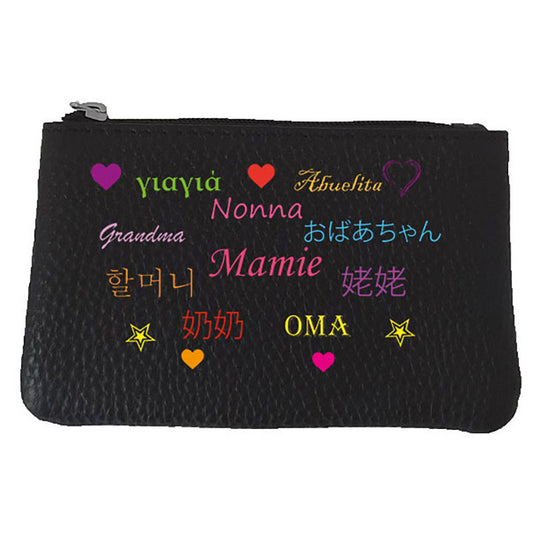 Petit Porte monnaie avec porte clés en Cuir noir pour femme personnalisé Mamie Langue