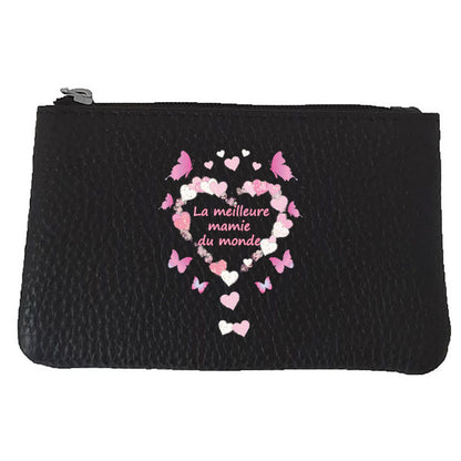 Petit Porte monnaie avec porte clés en Cuir noir pour femme personnalisé Meilleure Mamie