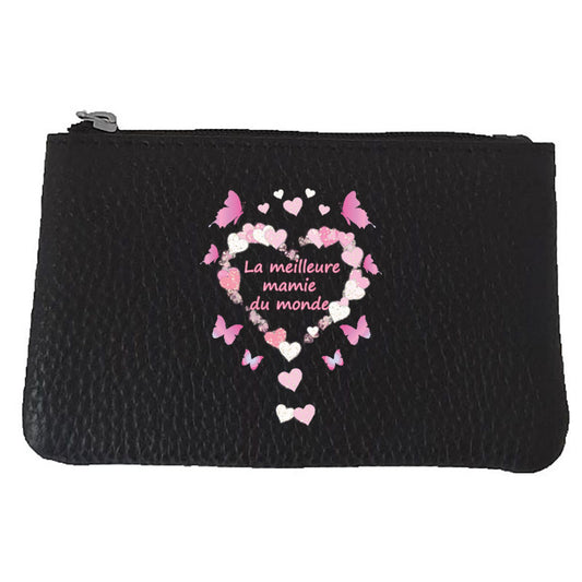 Petit Porte monnaie avec porte clés en Cuir noir pour femme personnalisé Meilleure Mamie