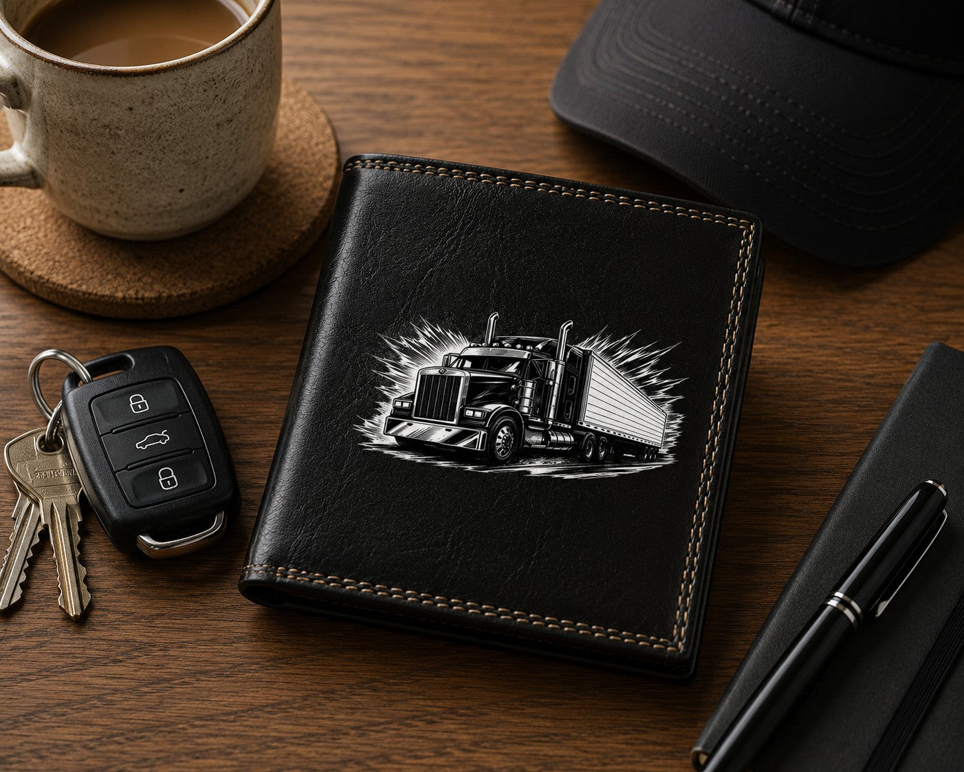 Petit Portefeuille porte monnaie noir pour Homme personnalisé Camion Poids Lourds