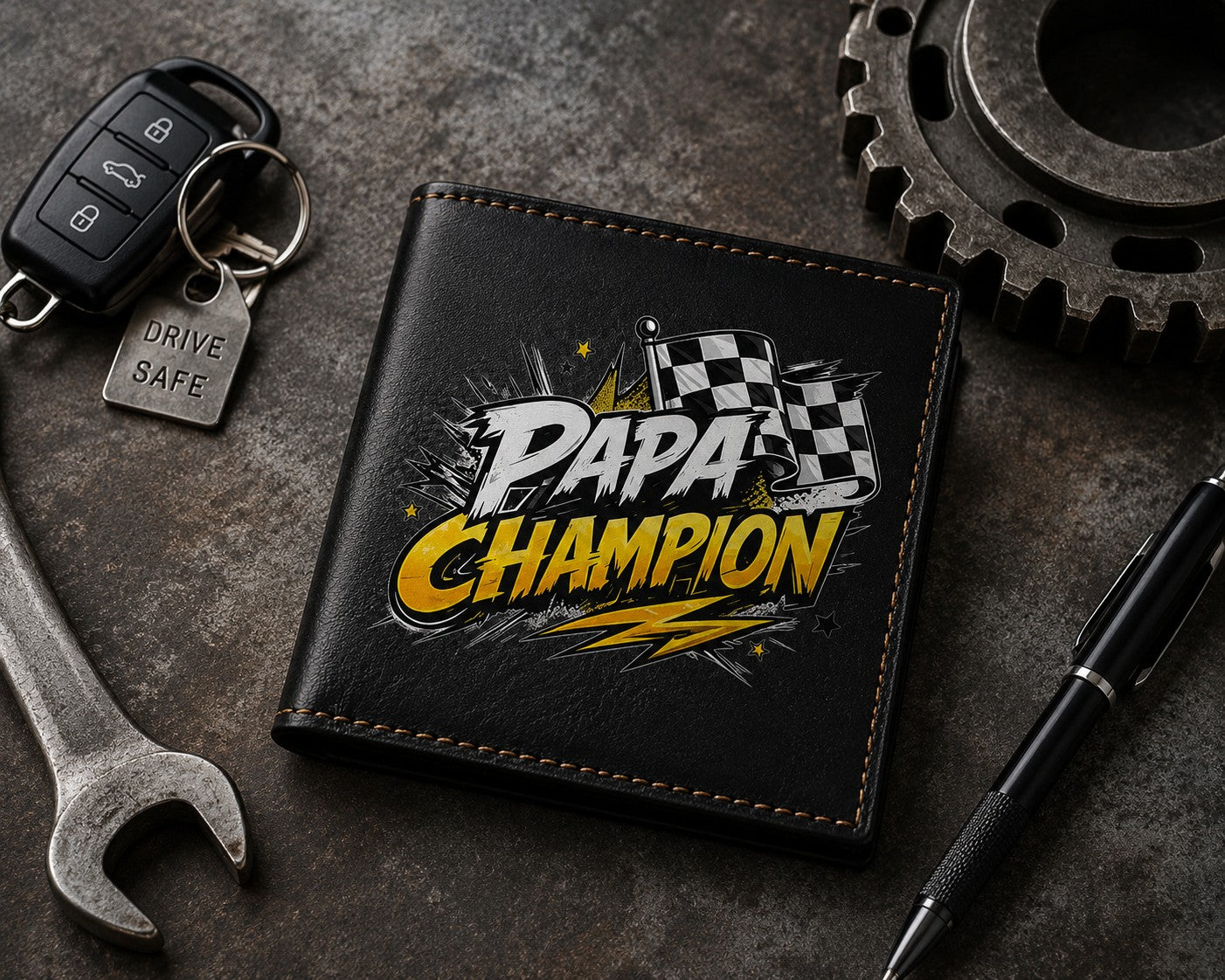 Petit Portefeuille Homme noir avec Porte Monnaie Personnalisé champion Papa Fete des Pères