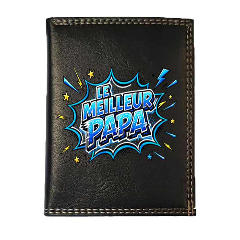 Petit Portefeuille Homme noir avec Porte Monnaie Personnalisé Bulle Papa Fete des Pères