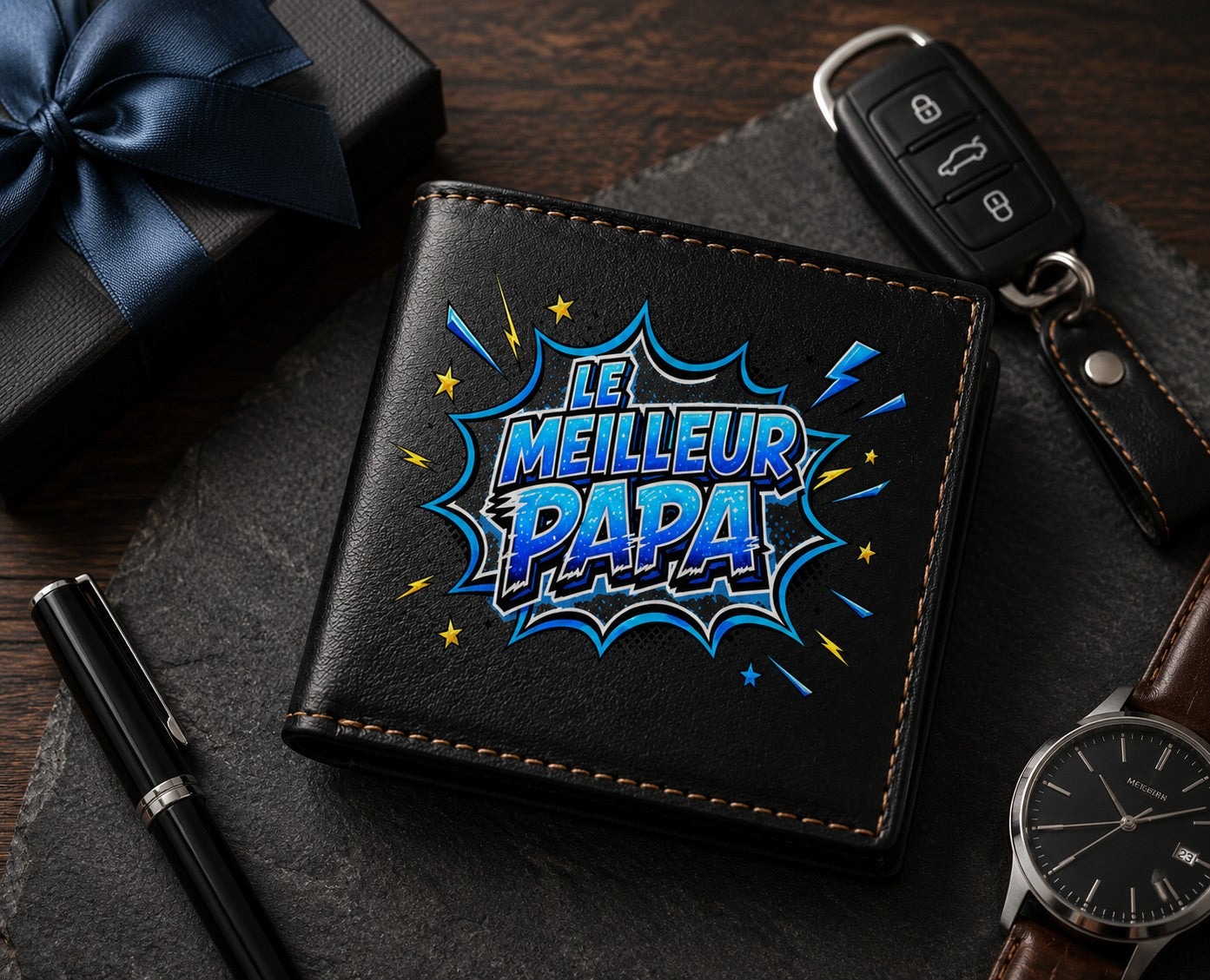 Petit Portefeuille Homme noir avec Porte Monnaie Personnalisé Bulle Papa Fete des Pères