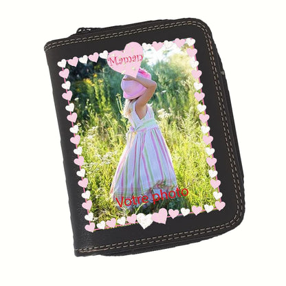 Porte monnaie et carte noir en Simili Cuir personnalisé Maman avec votre photo