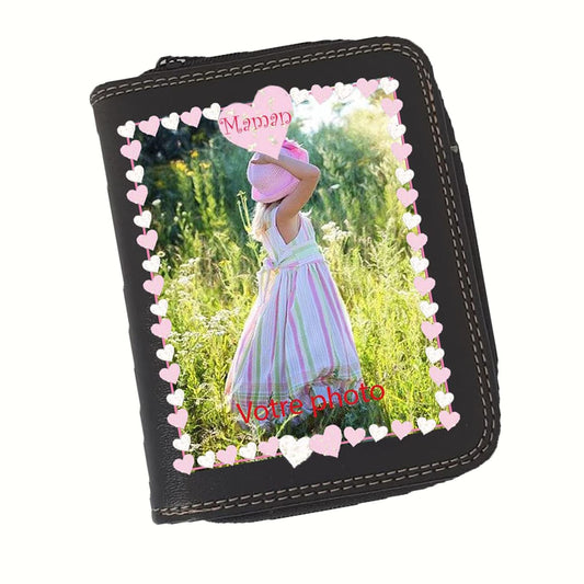 Porte monnaie et carte noir en Simili Cuir personnalisé Maman avec votre photo