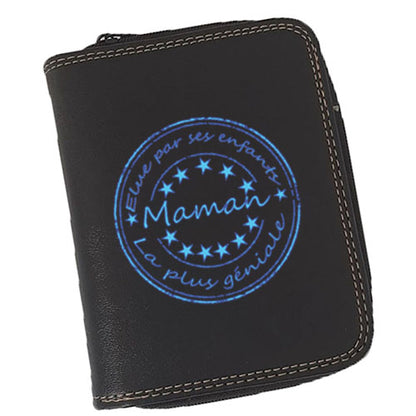 Porte-Monnaie & Porte-Cartes Femme – Personnalisé Maman Elue par ses enfants – Simili Cuir Noir