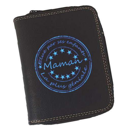 Porte-Monnaie & Porte-Cartes Femme – Personnalisé Maman Elue par ses enfants – Simili Cuir Noir
